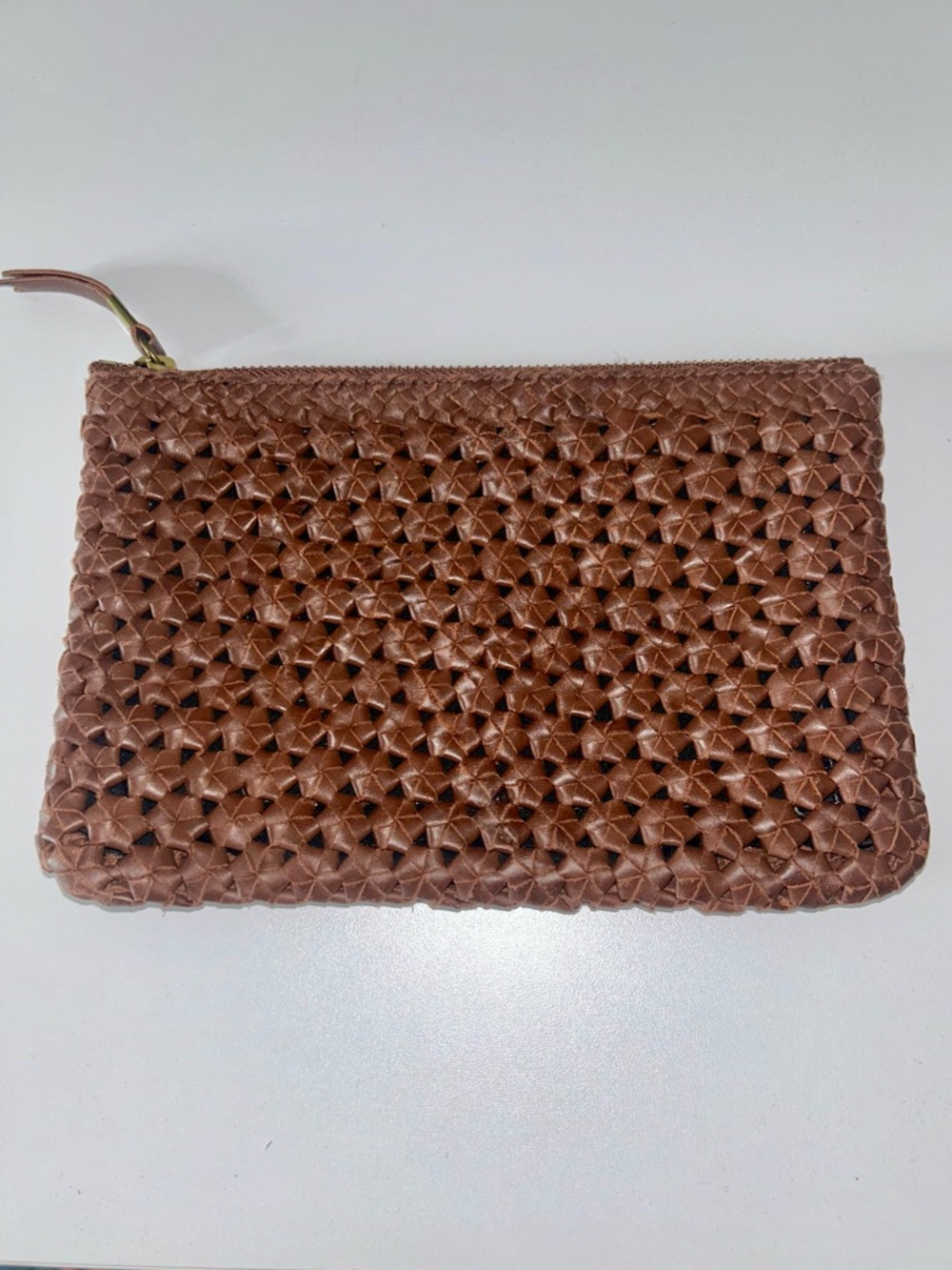Woven Leather Zip Pouch - Brown